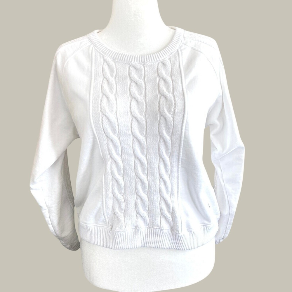Tuckernuck White Cable Knit Mixed Media Sweatshirt Pullover Women's Large
